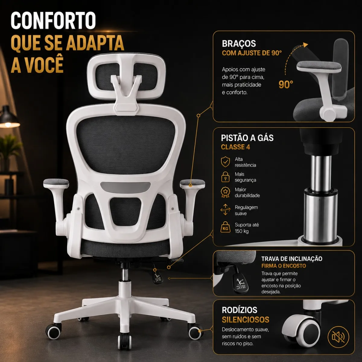 Cadeira Escritório Ergonômica Maat Brand Suporte Lombar Nr17 - Imagem 2