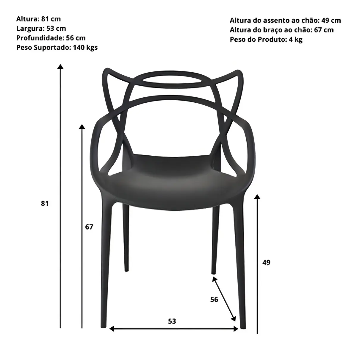 Kit 8 Cadeiras Allegra Master Waw Design Preta Polipropileno Empilhável - Imagem 2