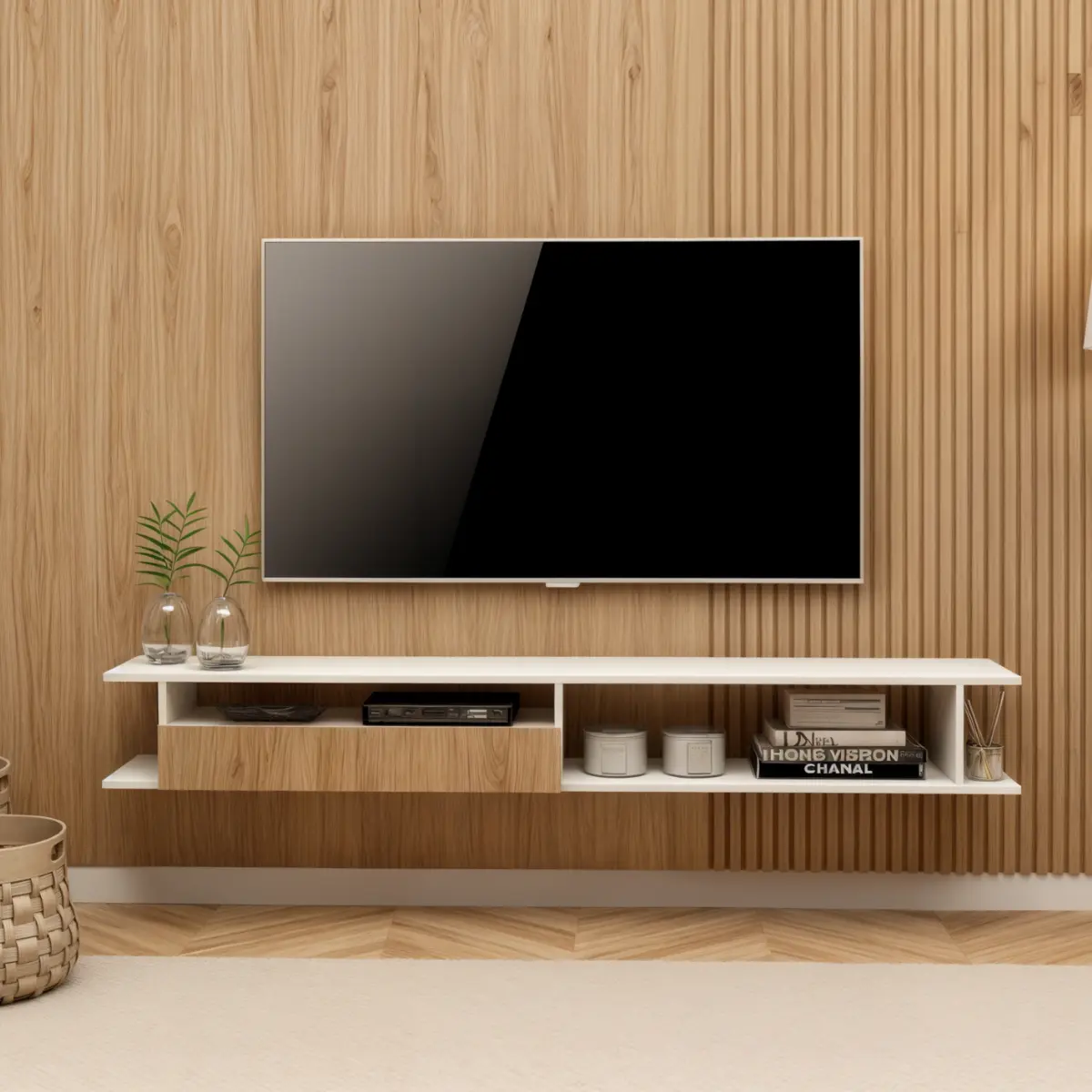 Rack Tv Parede Até 55' Polegadas Sala Madeira White Aparador Cor Branco - Imagem 4