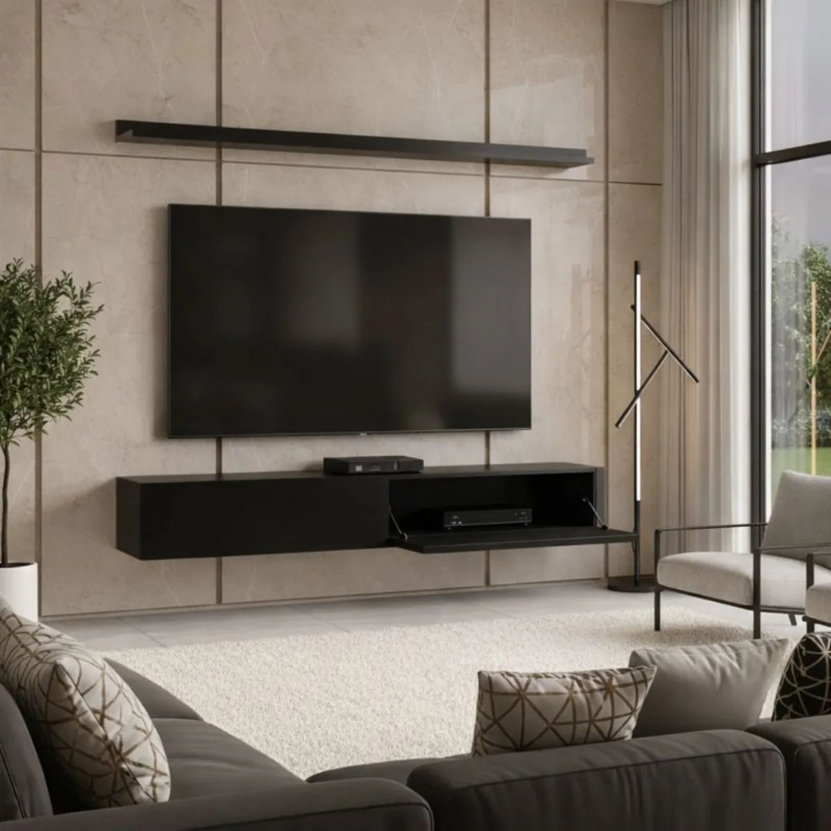 Rack Tv 65 Pol. Suspenso 183cm 2 Portas E Prateleira Preto - Imagem 3