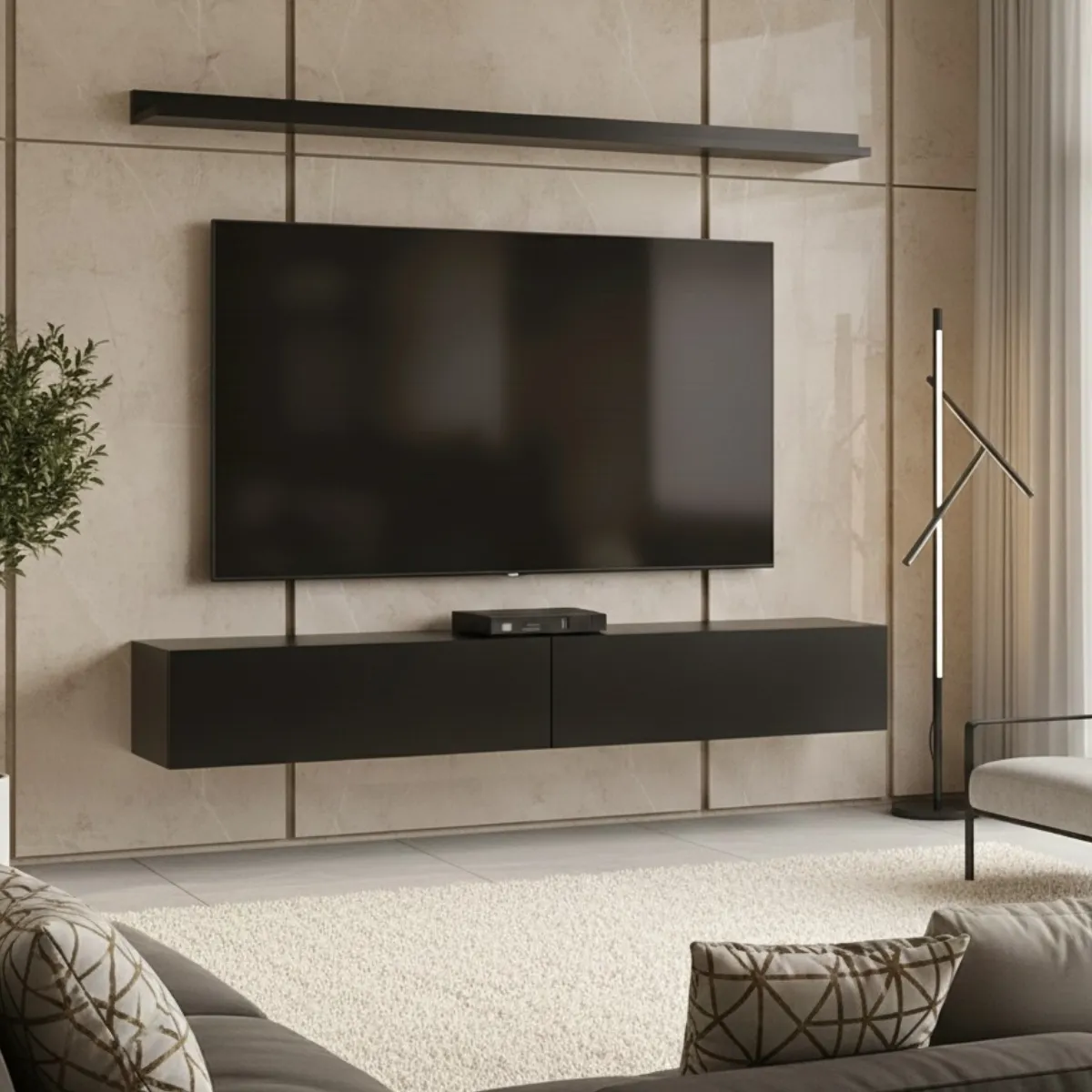 Rack Tv 65 Pol. Suspenso 183cm 2 Portas E Prateleira Preto - Imagem 7