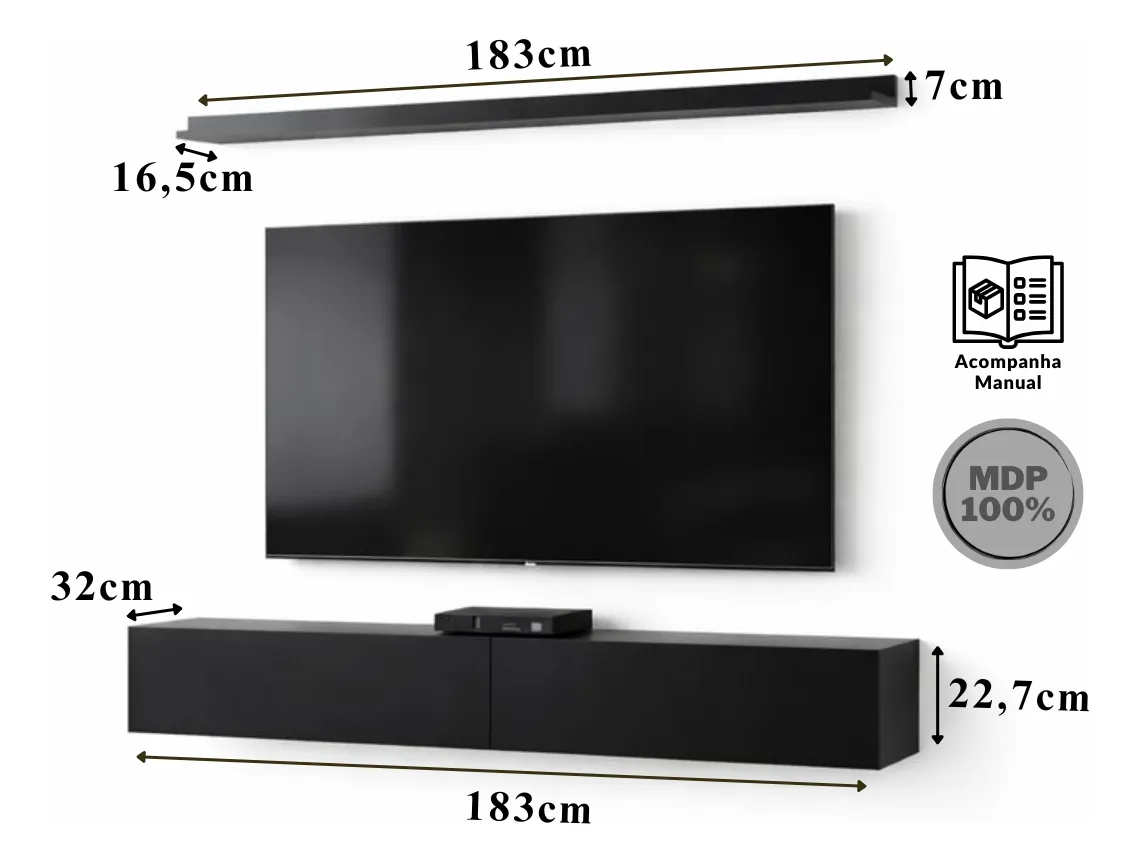 Rack Tv 65 Pol. Suspenso 183cm 2 Portas E Prateleira Preto - Imagem 5