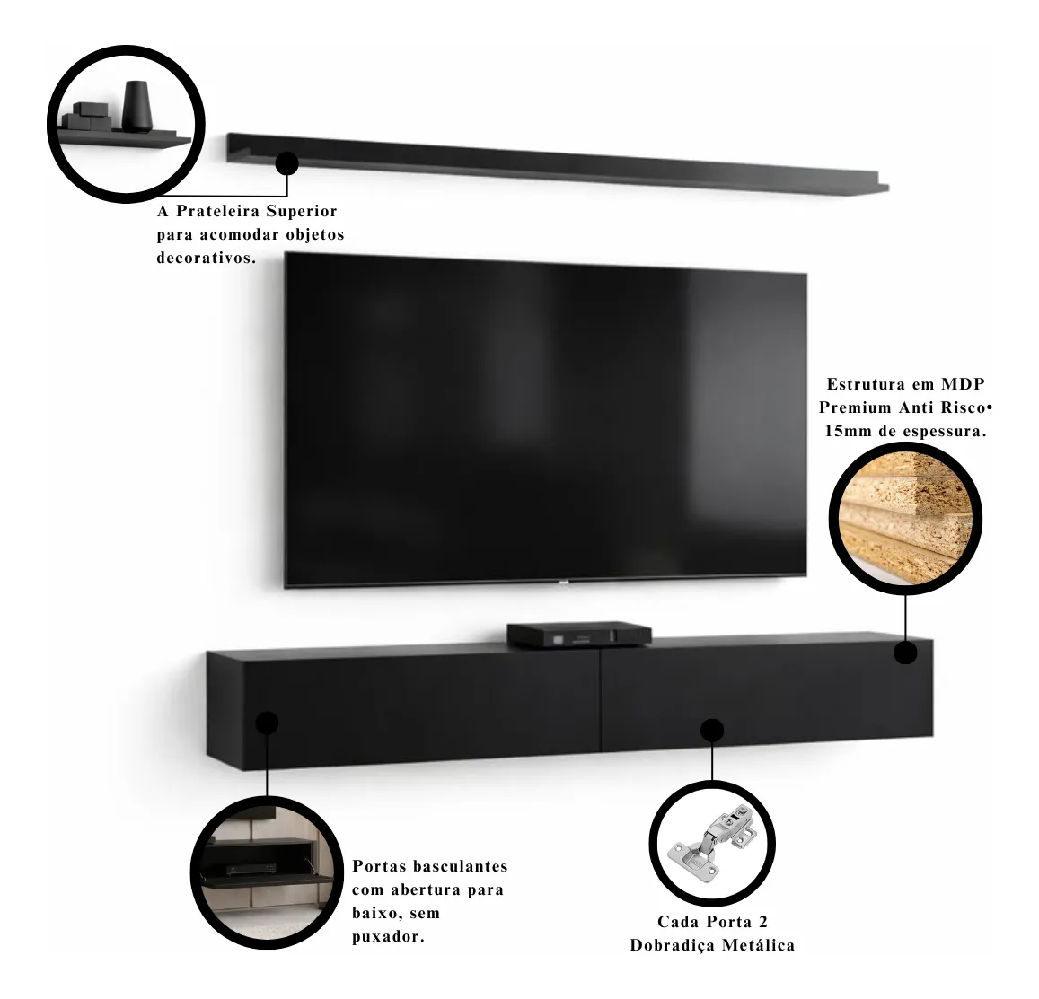 Rack Tv 65 Pol. Suspenso 183cm 2 Portas E Prateleira Preto